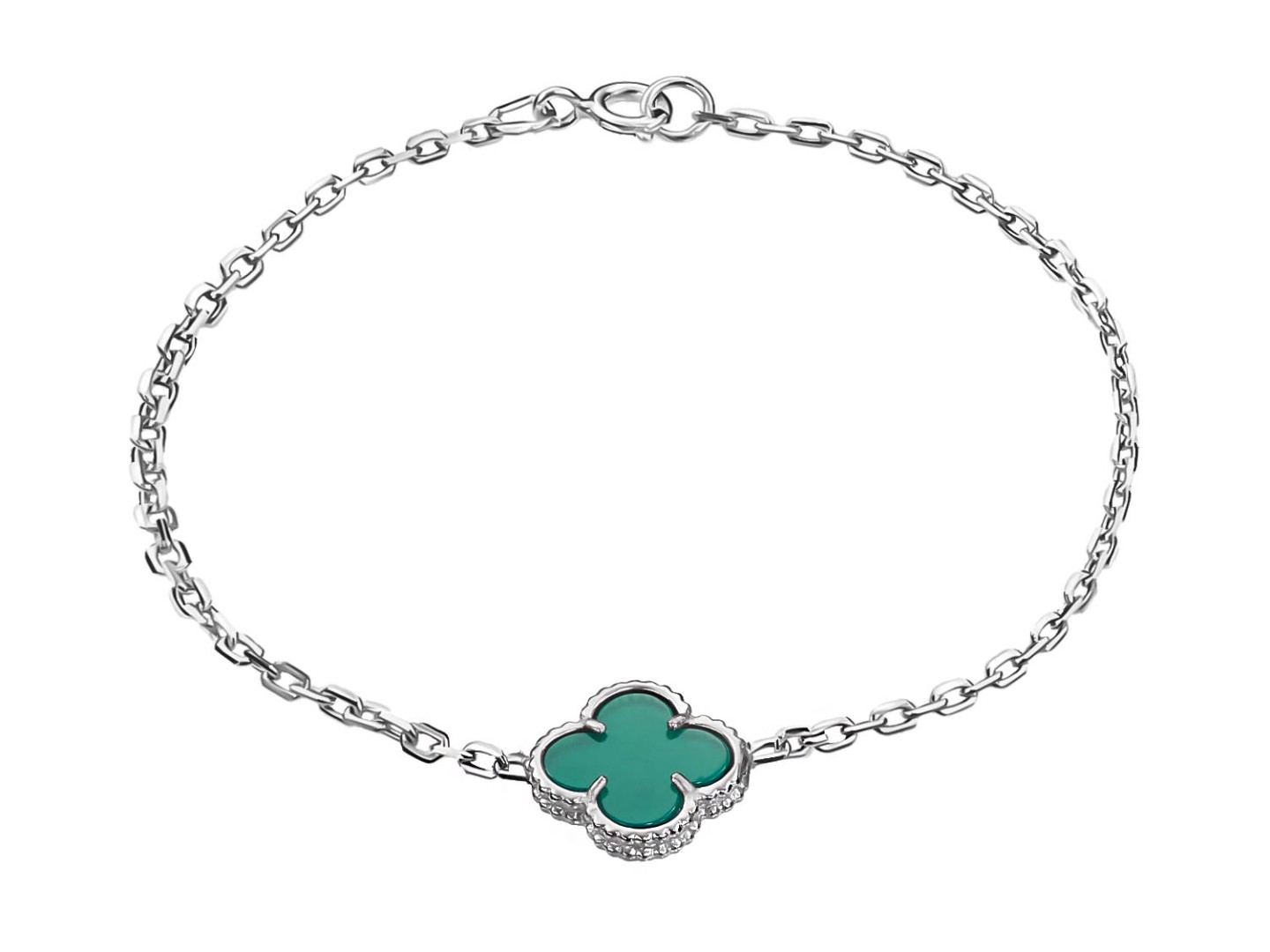 Серебряный браслет Клевер / Четырехлистник, вставка Натуральный зеленый Агат 10мм, платирование Браслет на руку,Серебро,Натуральный камень,с вставкой Агат натуральный Зеленая цвета,с замком Кольцо,РОССИЯ