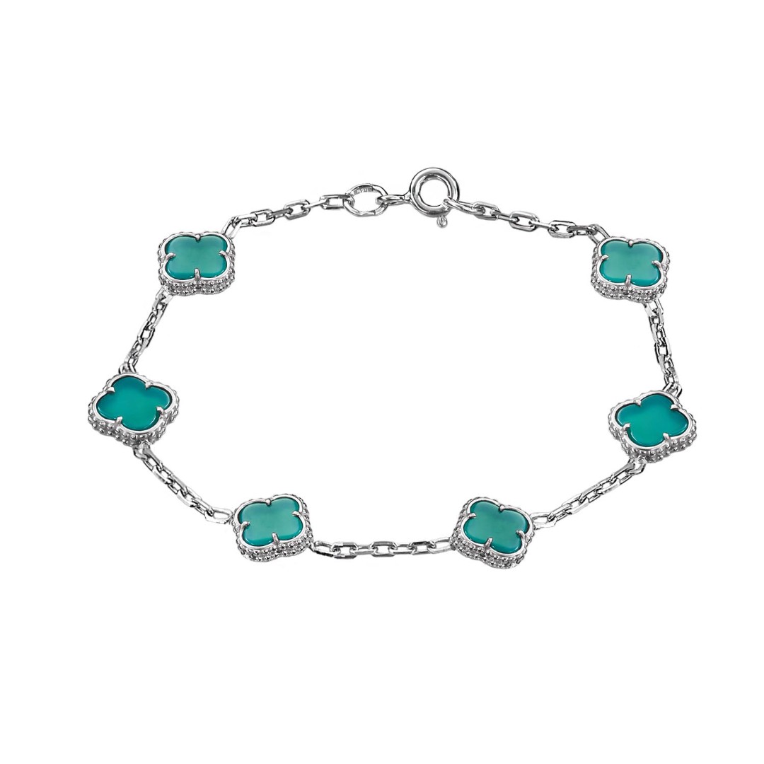 Браслет на руку,Серебро,Натуральный камень,с вставкой Агат натуральный Зеленая цвета,с замком Кольцо,РОССИЯ