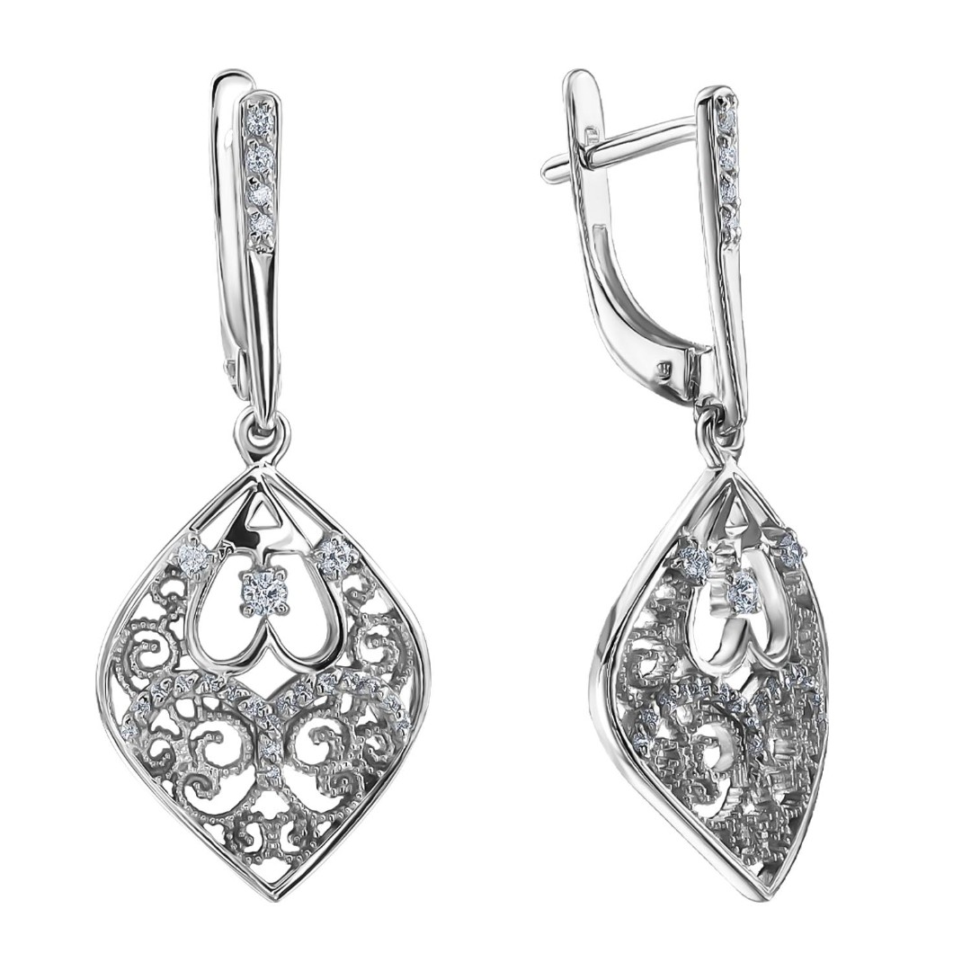 Серебряные серьги с фианитами, родирование Серьги,Серебро,с вставкой Фианит Белая цвета,с замком Английский,РОССИЯ