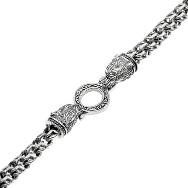 Серебряный браслет Волки, плетение Бисмарк со вставкой черный фианит, ширина 5,5 мм