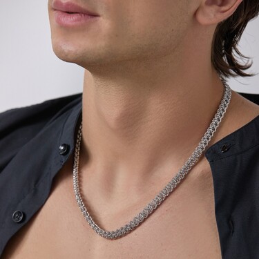 Серебряная мужская цепь, плетение Рамзес, родирование, ширина 7 мм