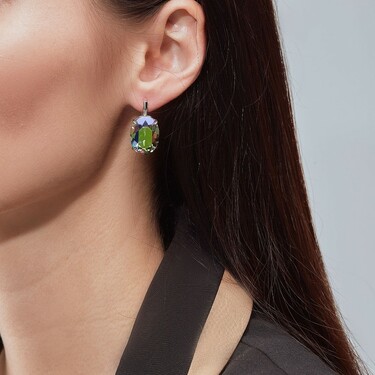 Серебряные серьги с крупным кристаллом Premium, Хамелеон, родий