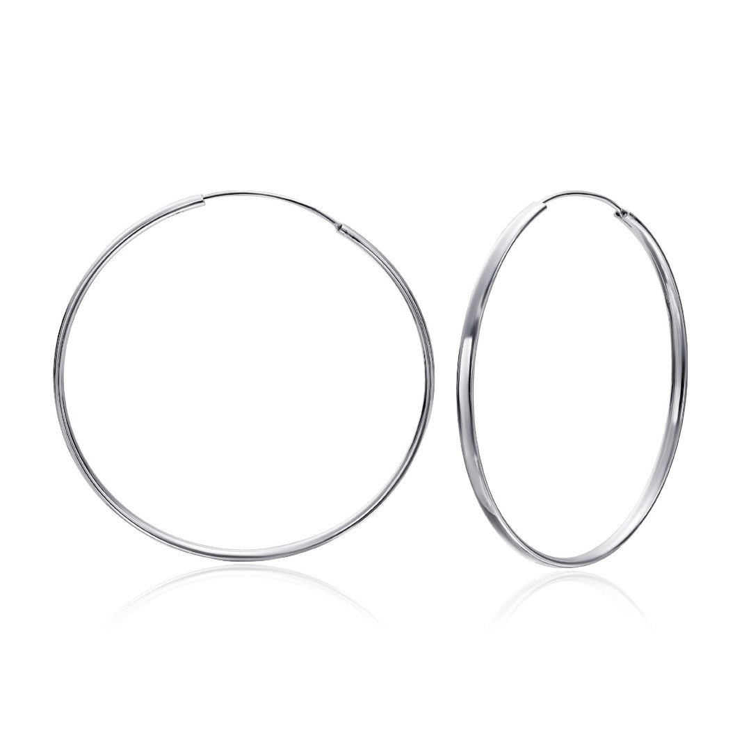 Серебряные классические плоские гладкие серьги Кольца / Конго / Круглые, диаметр 5,5 см, родирование Серьги,Серебро,с вставкой Без вставок,с замком Кольцо,Конго,КИТАЙ