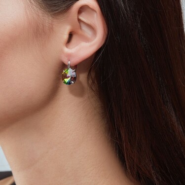 Серебряные серьги с крупным кристаллом Premium, Мистик зеленый, родий