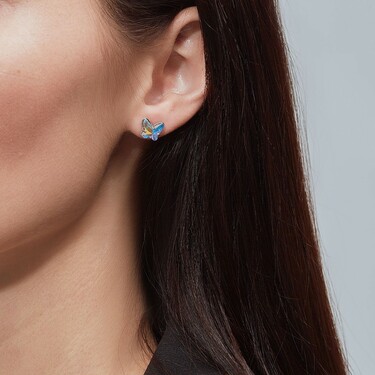 Серебряные серьги пусеты гвоздики Бабочки с кристаллом Premium, Северное сияние, родий