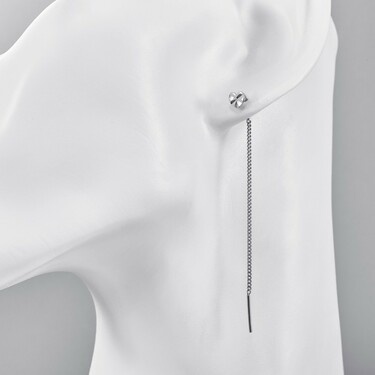 Серебряные длинные серьги Протяжки / Продевки / Цепочки / Сердце с алмазными гранями, платинирование