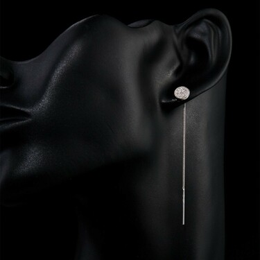 Серебряные длинные серьги Протяжки / Продевки / Цепочки / Круги с фианитами, покрытие платина