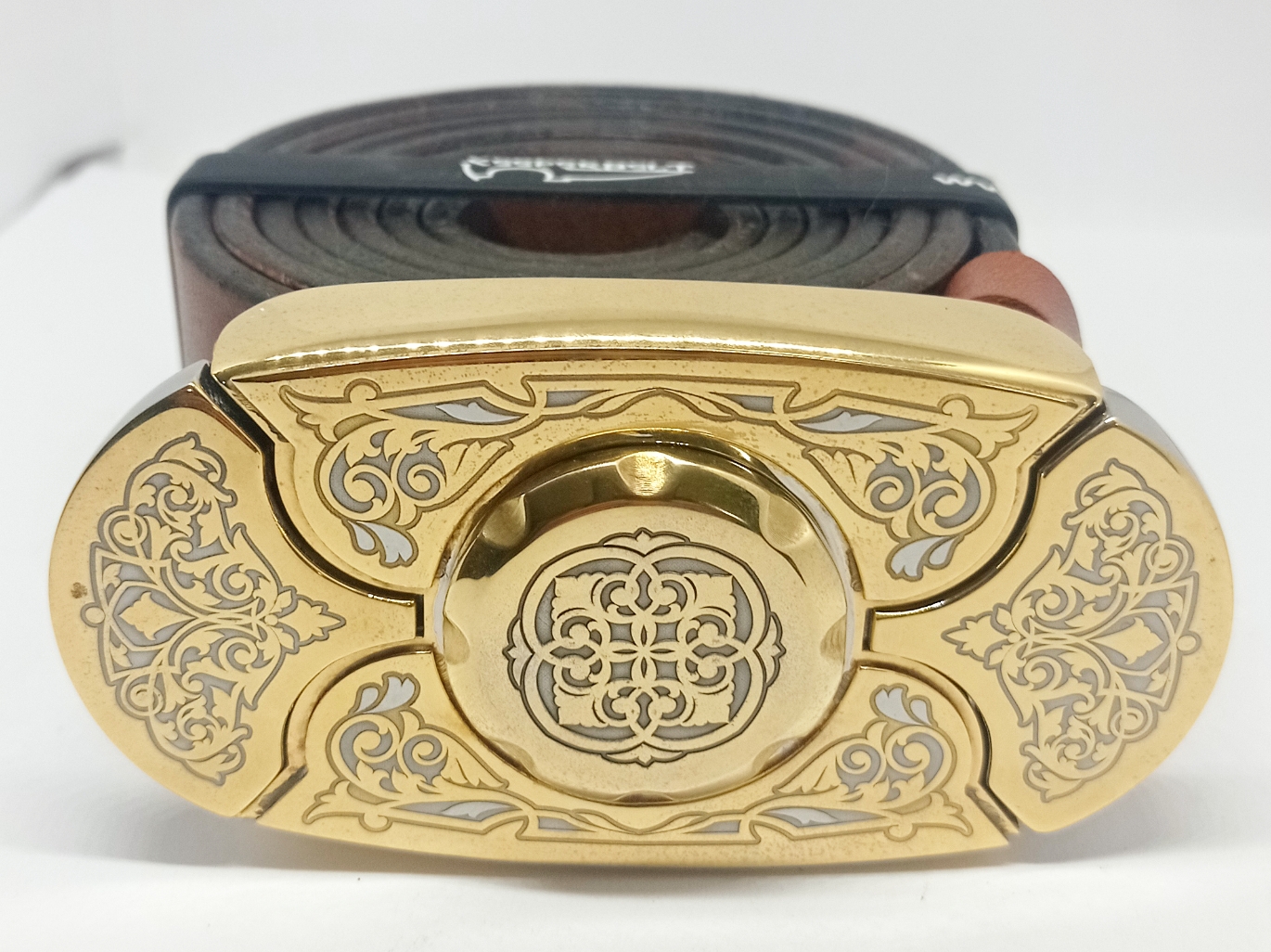 Пряжка-нож пояс «Русь-2» - «Златоустовская роспись», натуральная кожа, подарочный комплект Ремень,Сталь,Натуральная кожа,РОССИЯ