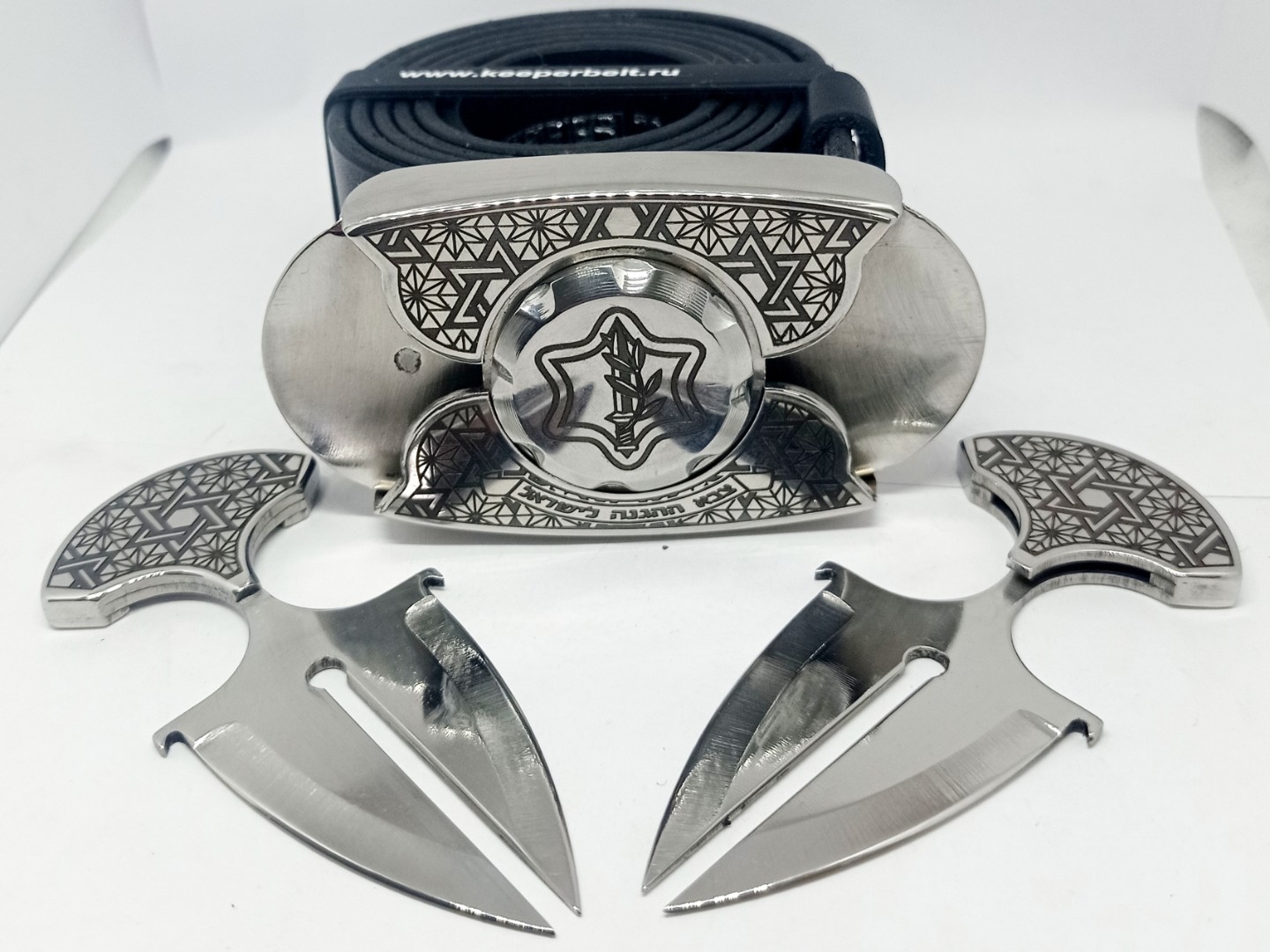 Пряжка-нож пояс «Израиль» - серия «Laser StainlessSteel», натуральная кожа, подарочный комплект Ремень,Сталь,Натуральная кожа,РОССИЯ