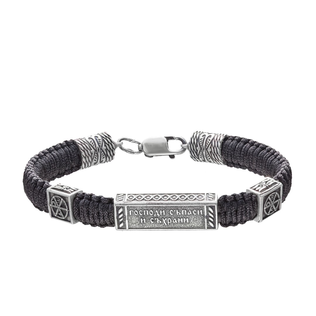 Мужской браслет текстильный с серебряными вставками  Браслет на руку,Серебро,Текстиль,с вставкой Серебряная вставка Черная,Серебряный цвета,с замком Карабинный,РОССИЯ