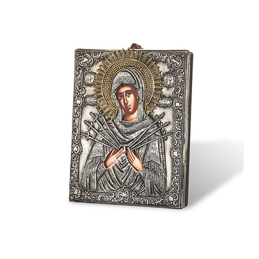 Православная икона Божией Матери Семистрельная, Антик, 14х18 см, серебро, гальваника