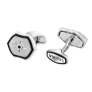 Серебряные запонки Virtus - Стороны Света, матированные, с черным сапфиром и эмалью