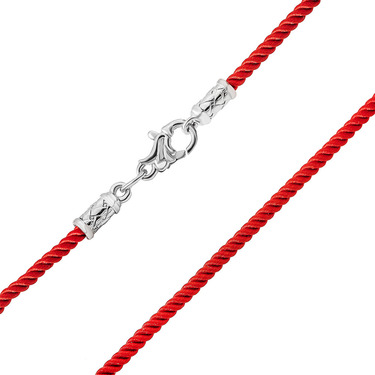 Ювелирный шнурок Гайтан красный, Шелк 3 мм с серебряным замком, Родирование