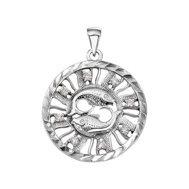 Серебряная подвеска с фианитами и родием, Рыбы