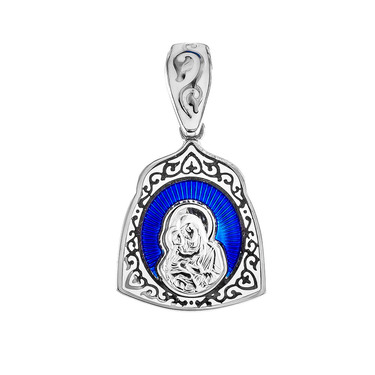 Серебряная подвеска Владимирская икона Божией Матери, эмаль синяя/белая