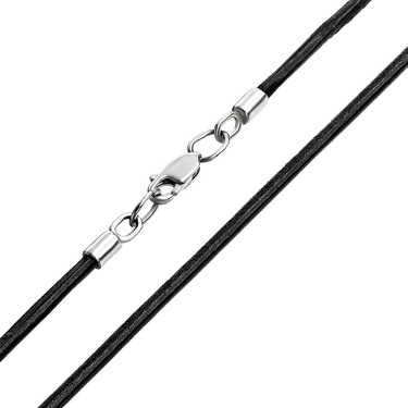 Ювелирный шнурок Гайтан черный, Натуральная кожа 2 мм с серебряным замком, Родирование
