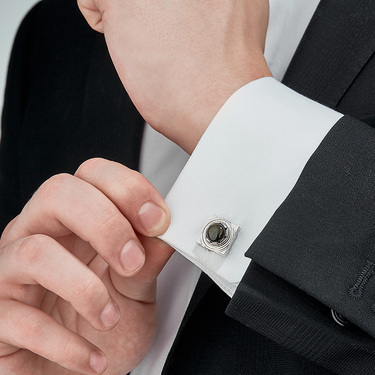 Серебряные запонки с обсидианом, родий