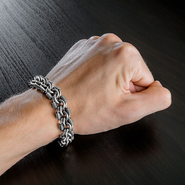 Серебряный мужской браслет, плетение Бисмарк с пружинками, чернение, ширина 1,4 см