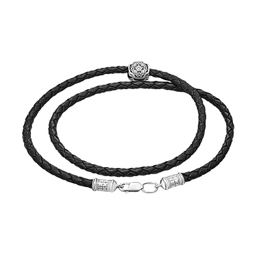 Ювелирный шнурок Гайтан черный, Натуральная плетеная кожа 5 мм с серебряной вставкой, Оксидирование