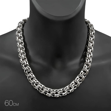 Толстая серебряная цепь мужская, плетение Бисмарк ручной вязки, 250 гр. с чернением, ширина 1,6 см