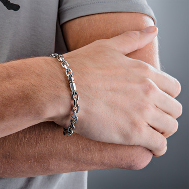 Серебряный мужской браслет, плетение якорное со вставками, родий, ширина 6 мм