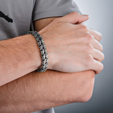 Серебряный браслет, плетение Рамзес с чернением, замок коробочка, ширина 1,1 см