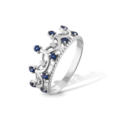 Серебряное женское кольцо Корона, синий фианит, родий