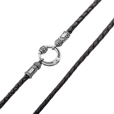 Ювелирный шнурок Гайтан черный, Натуральная плетеная кожа 3 мм с серебряным замком, Чернение