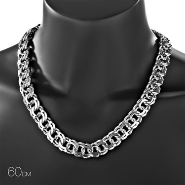 Широкая мужская серебряная цепь, плетение ручной Бисмарк, родирование, ширина 1,6 см