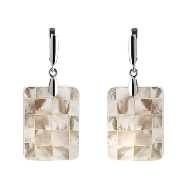 Перламутровые прямоугольные белые серьги, мозаика, родирование