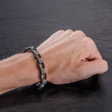 Браслет из плетеной кожи с серебряными вставками, ширина 0,8 см