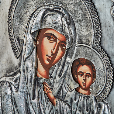 Православная икона Казанской Божией Матери, Антик, 22х27 см, серебро, гальваника