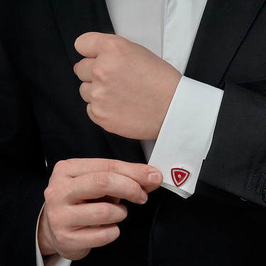 Серебряные треугольные запонки Николая II, с фианитами, красная эмаль