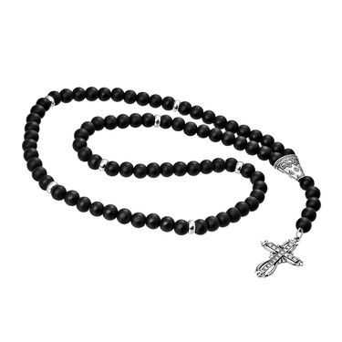 Бусы-четки из шунгита с серебряными вставками и православным крестом (размер 60)