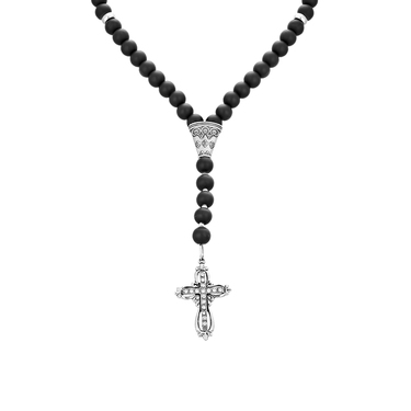 Бусы-четки из шунгита с серебряными вставками и православным крестом (размер 60)