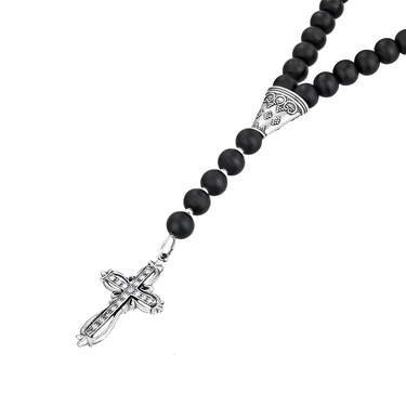 Бусы-четки из шунгита с серебряными вставками и православным крестом (размер 60)