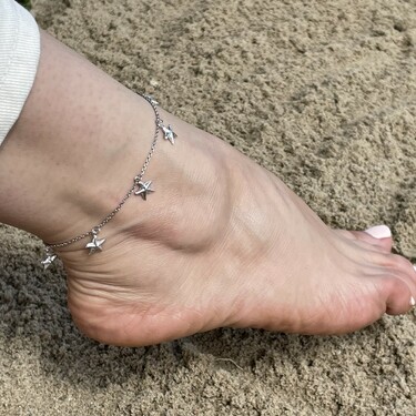 Серебряный женский браслет на ногу анклет с подвесками-морская звезда, родий