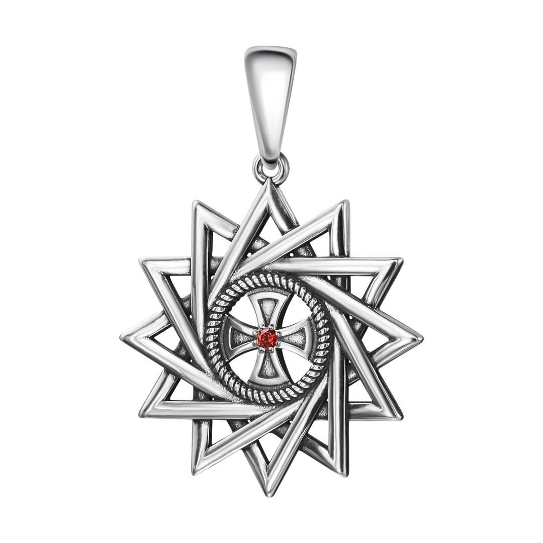 Серебряная двусторонняя подвеска Подвеска,Амулет,Оберег,Медальон,с вставкой Фианит Красная цвета,РОССИЯ