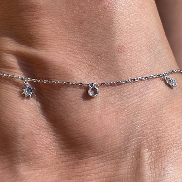 Серебряный анклет женский браслет на ногу с подвесками с фиантитами,родий