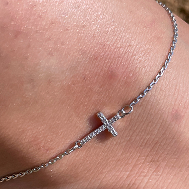 Серебряный анклет женский браслет на ногу с крестом с фианитами,родий