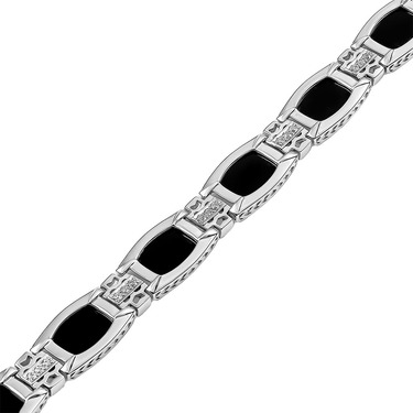 Серебряный браслет, полужесткое плетение, вставка Оникс натуральный, фианит, ширина 1 см