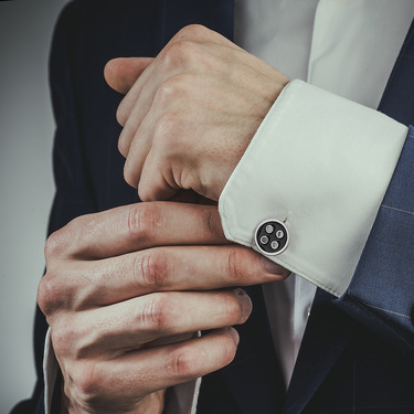 Серебряные запонки Пуговица, родий, черная эмаль