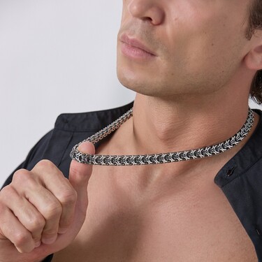 Серебряная массивная цепь мужская, плетение Рамзес, чернение, ширина 1,1 см