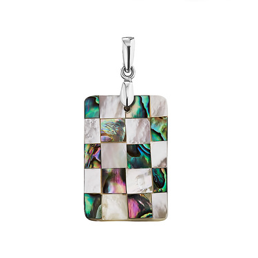 Серебряная прямоугольная подвеска с перламутром, бело-зеленая мозаика