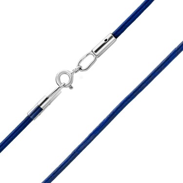 Ювелирный шнурок Гайтан синий, Натуральная кожа 2 мм с серебряным замком, Родирование