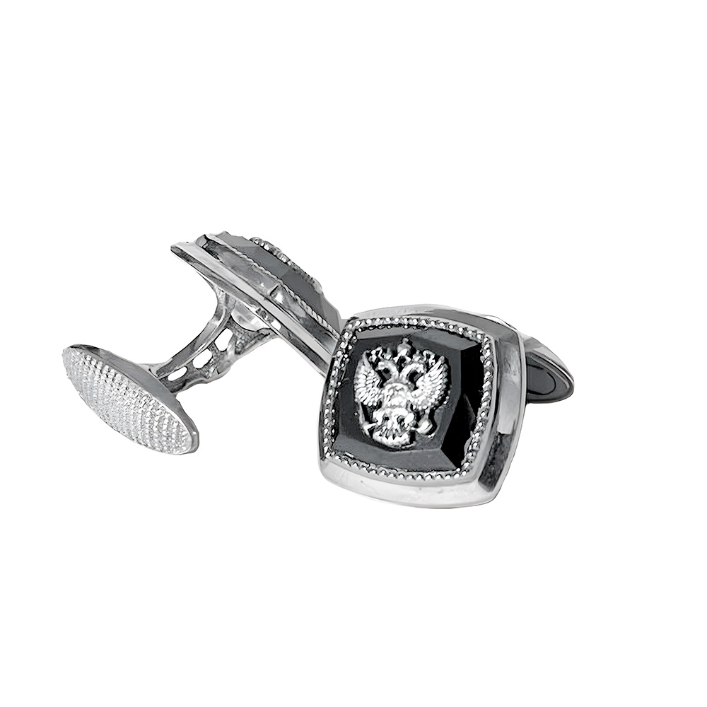 Серебряные запонки с черным фианитом Герб Российской Империи - Двуглавый орел, родирование Запонки,Серебро,с вставкой Фианит Черная цвета,РОССИЯ