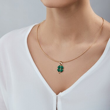 Серебряная подвеска Клевер / Четырехлистник, малая, зеленая эмаль, позолота