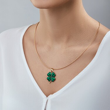 Серебряная подвеска Клевер / Четырехлистник, большая, зеленая эмаль, позолота