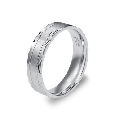 Серебряное обручальное кольцо с комфортной посадкой, матирование с узором, ширина 5 мм, родий