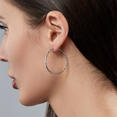 Серебряные фантазийные серьги Кольца / Конго / Круглые с алмазной гранью, диаметр 3.5см, родирование